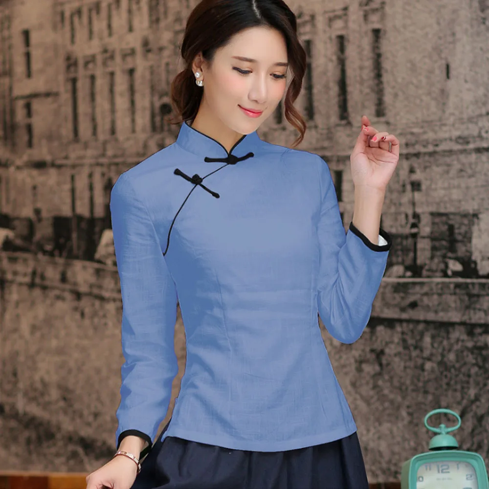 Женская льняная блузка с длинным рукавом Повседневная рубашка красного и белого