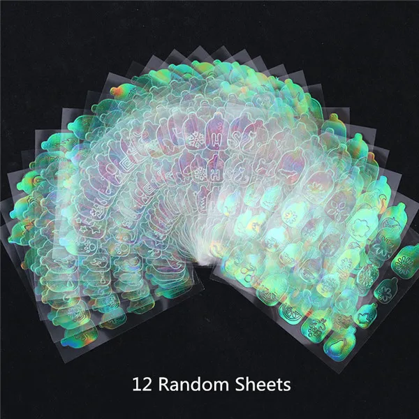 12Pcs Random ABColor 6, 12, 24 листа, дизайн ногтей, полый набор трафаретов с лазерной наклейкой, Гель-лак для ногтей, виниловый наконечник, руководство по переводу, шаблон, Набор наклеек для ногтей - Цвет: 12Pcs Random ABColor