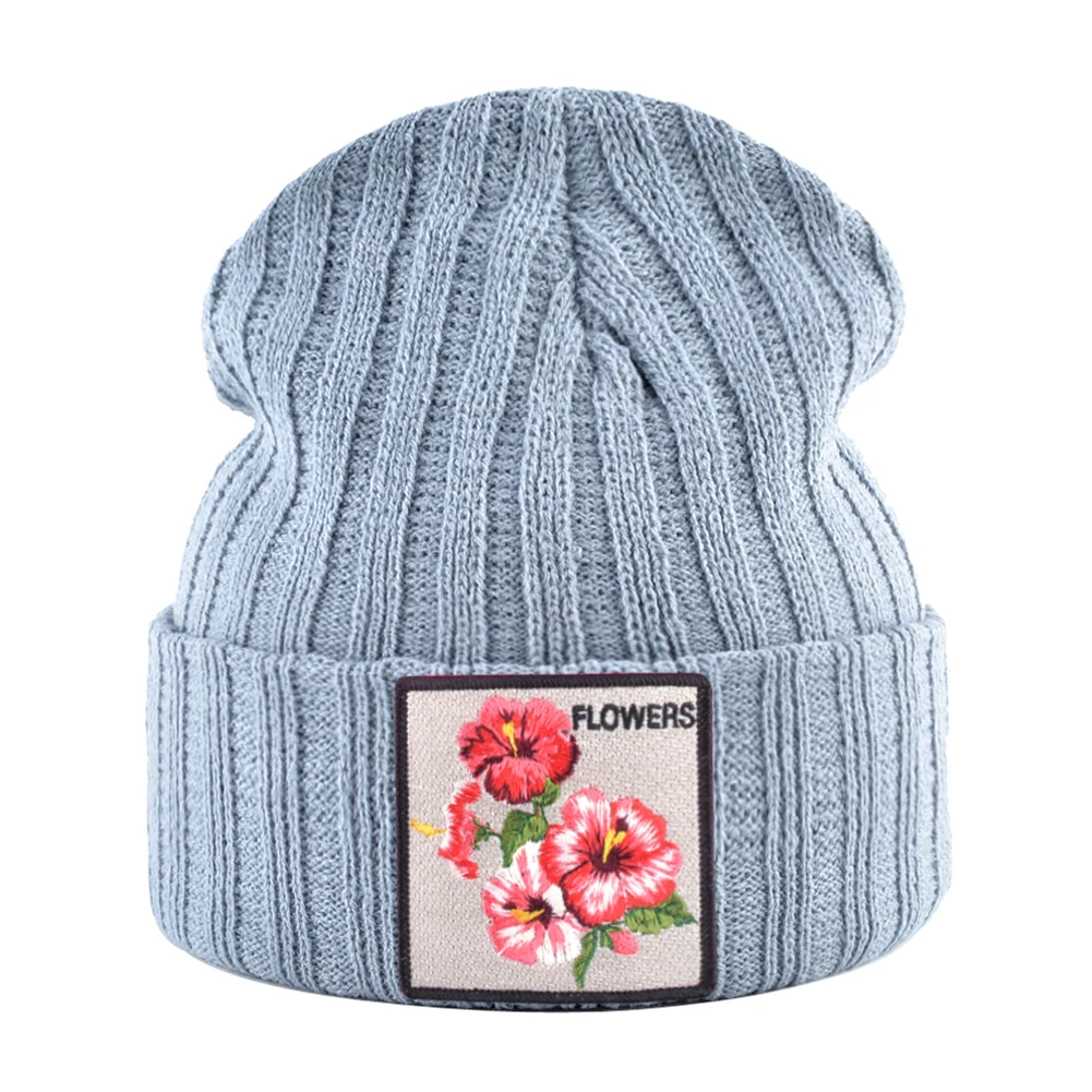 Женская шапка с цветочной нашивкой, осенне-зимние вязаные шапки Skullies, женские зимние мягкие двухслойные вязаный капот, мужские шапки Gorras