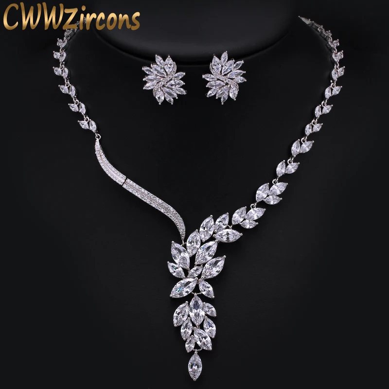 

CWWZircons Gorgeous Dropping Flower Cubic Zirconia Paved Luxury Bridal Wedding Costume Necklace Jewelry Sets for Brides T048