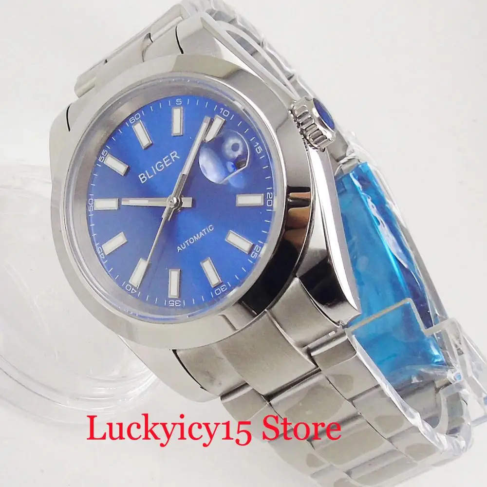 

New BLIGER Brand 40mm Blue Dial Sapphire Glass Date Magnifier Polished Automatic Men's Watch Luminous Marks Mental Strap
