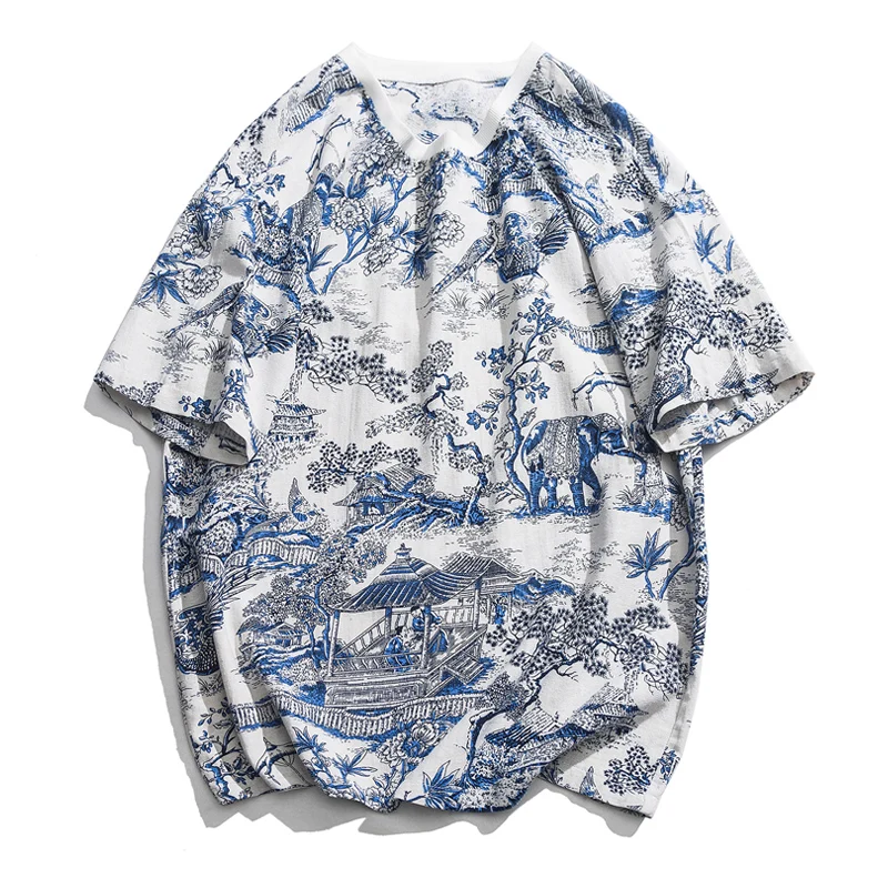 Футболка Sinicism мужская с принтом модная тенниска из хлопка и льна в японском стиле