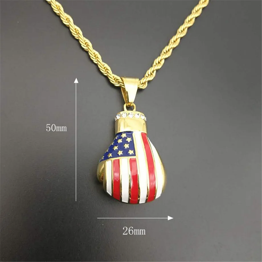 Hip Hop Iced Out Bling Boxing Gloves Pendant Necklace For Men Gold Color Chinese/American Flag Necklaces Male Jewelry | Украшения и