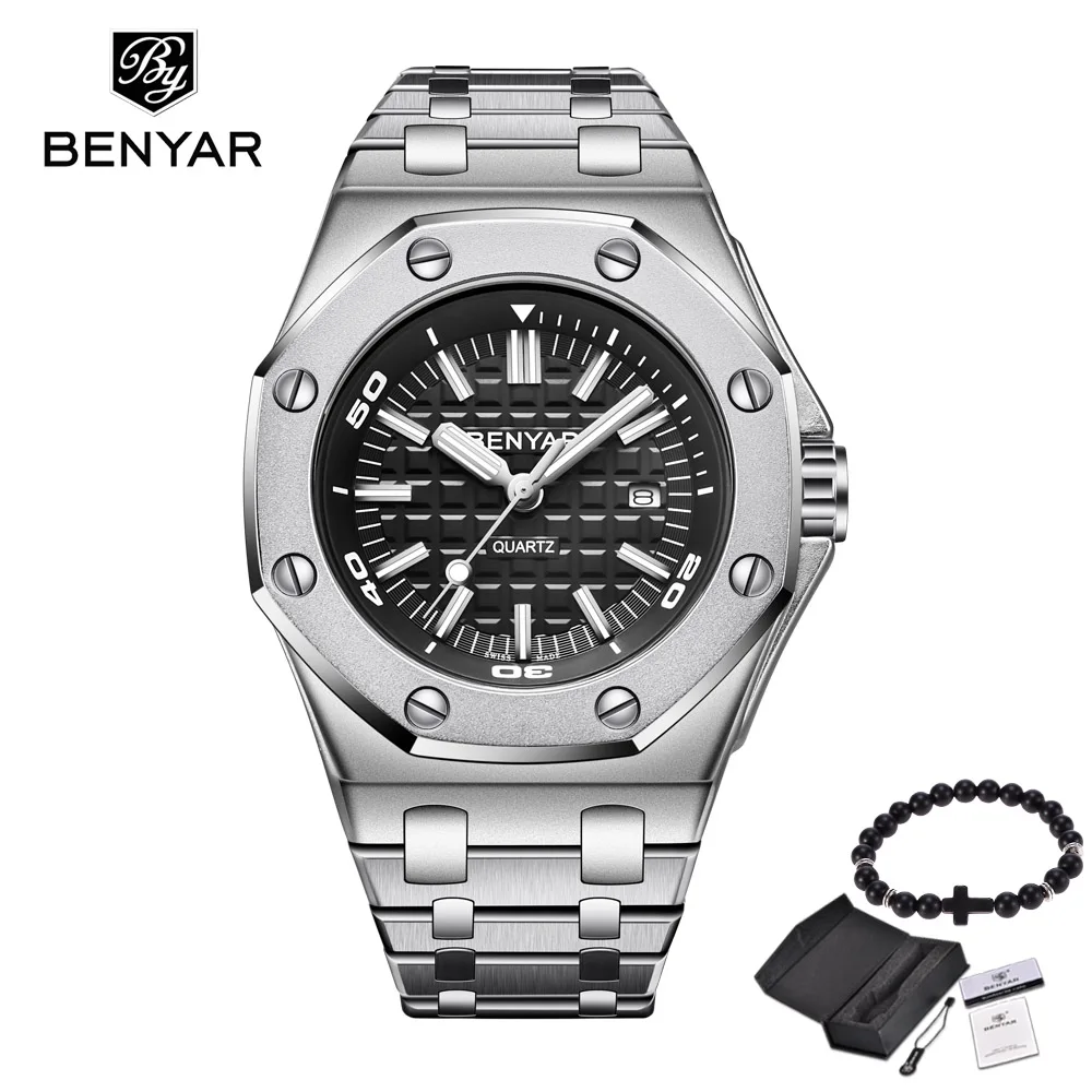 Silver black Бесплатный подарок, новые модные мужские часы BENYAR, мужские брендовые Роскошные Кварцевые часы, мужские повседневные водонепроницаемые спортивные наручные часы, Relogio Masculino - Цвет: Silver black