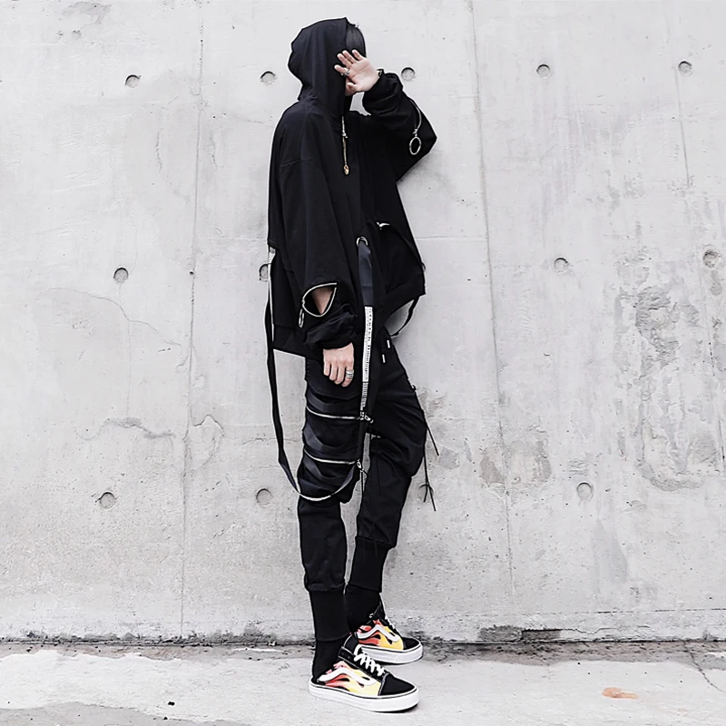 

2018 New Arrival Punk Style Fashion Casual Hip-Hop Hooded Ribbon Decorated Weaving Loose Hoodies Free Shipping