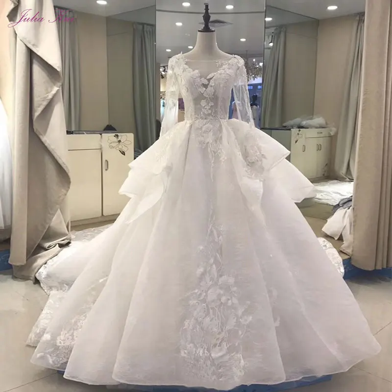 Julia Kui Real Photos Vintage Princess Wedding Dress Appliques Lace Tiered Chapel Train Scoop Bridal Gown Robe De Mariage Custom | Свадьбы и