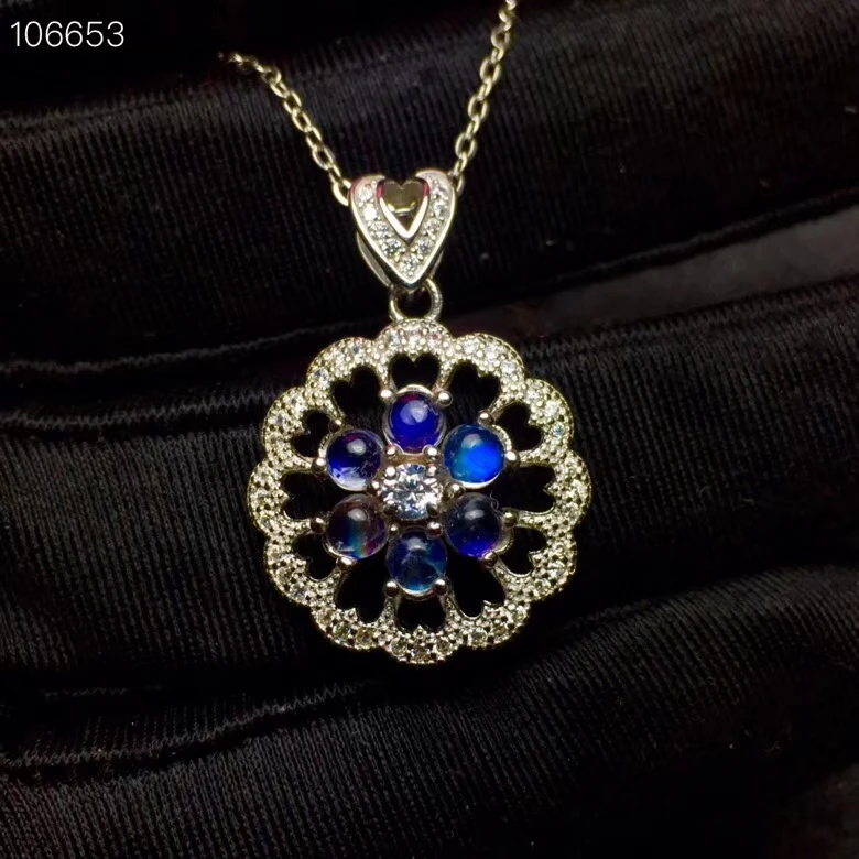 

natural blue moonstone Pendant natural gemstone Necklace pendant S925 silver lovely round Sun flower party girl gift jewelery