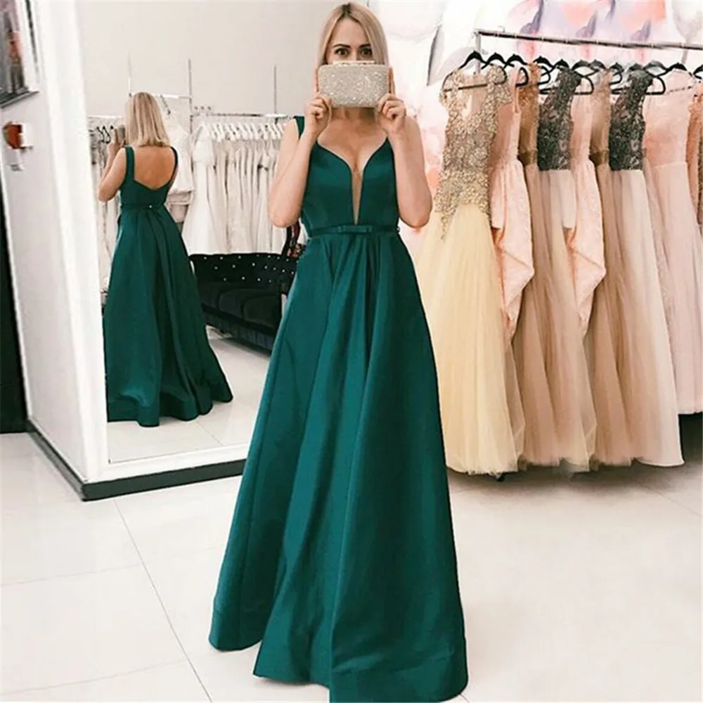 

Dark Green Satin Evening Dress Simple A Line Long Gowns Prom V Neck Simple Women Wedding Party Dresses Cheap Robe De Soiree