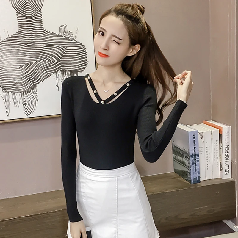 Осень 2017 г. V воротник шить свитер ногтей шарик тонкий Длинные рукава твердых