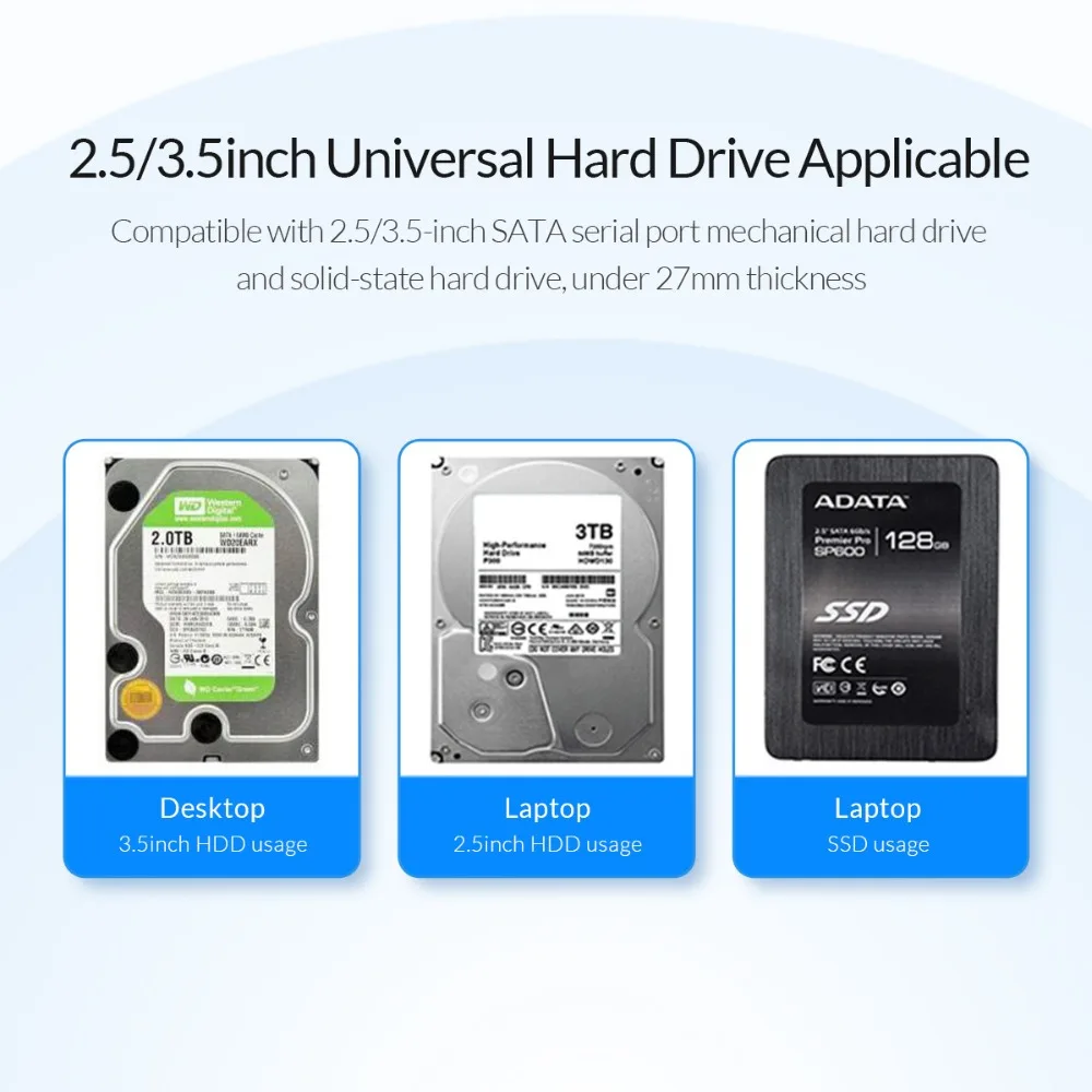 Чехол ORICO USB3.1 для жесткого диска SATA на USB C, корпус для жесткого диска 10 Гбит/с, быстрый для 2,5 ''/3,5" SSD HDD с адаптером питания 12 В, кабель C на C