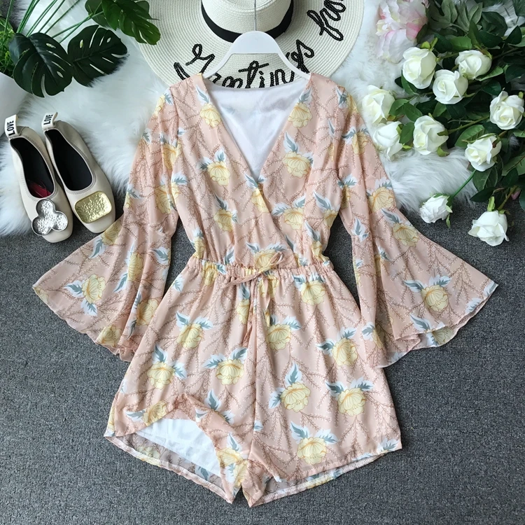 Apricot Цветочный короткий женский комбинезон с v-образным вырезом, пляжный Boho с принтом, с рюшами, сексуальный корейский элегантный шифоновый ромперы-туники, летний женский комбинезон - Цвет: Apricot