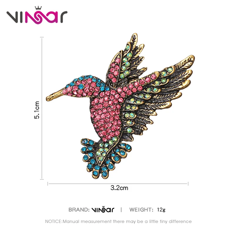 VINSAR Vintage Rhinestone Brooch Bird Ancient Gold Animal Brooches Women Cute Hummingbird Coat Sweater Pins Bijoux DW64 | Украшения и