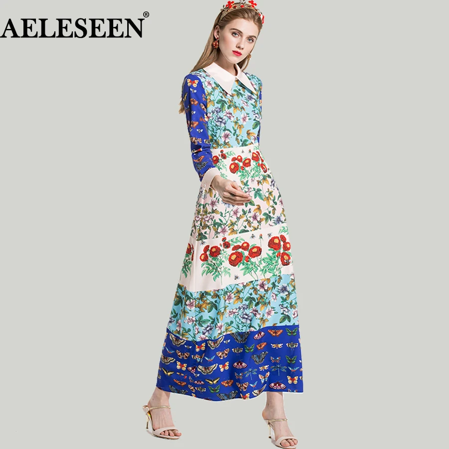 Высокое качество Boho платья дамы весна мода длинный рукав лацканы цветок насекомых печати лоскутное Подиум женское длинное платье