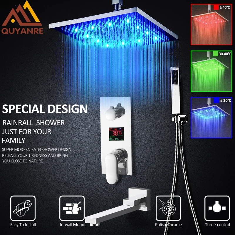 Набор смесителей для душа Quyanre ЖК дисплей 12 дюймов LED ABS трехсторонняя цифровая