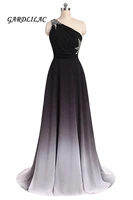new one shoulder ombre long black white gradient chiffon evening prom dresses with beads wedding party gowns