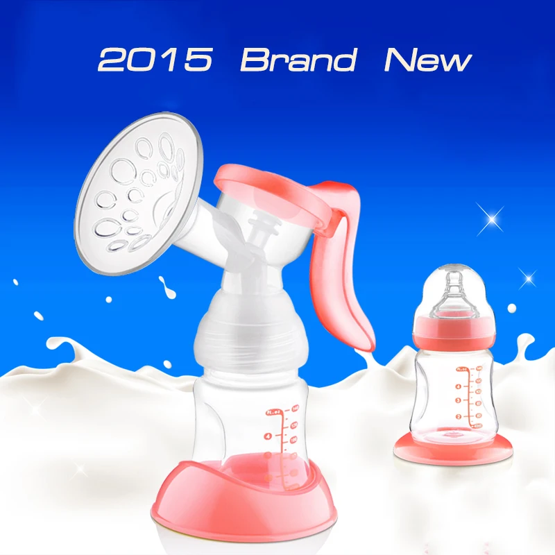 Желто-розовый совершенно новый ручной молочный насос оригинальной конструкции вместимостью 150 мл для кормления грудным молоком; сделан из силикона и пищевого полипропилена, не содержит бисфенола А. В комплекте бутылочка.