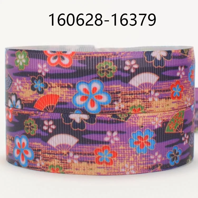 

NEW 50 yards purple flowers and fan pattern printed grosgrain ribbon DIY free shipping