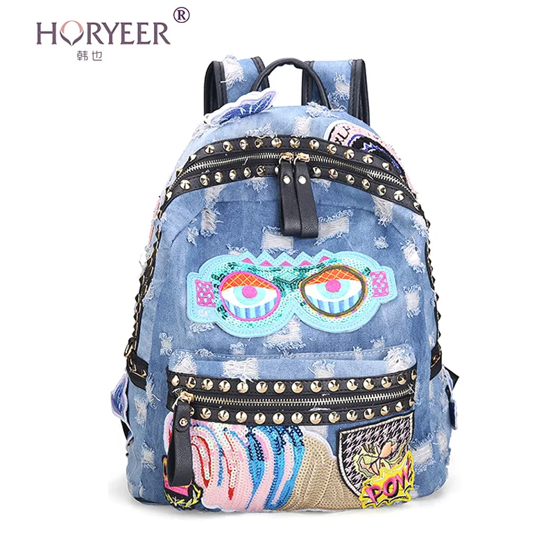 HORYEER kanken backpack women shoulder bag denim school for teenager girls jeans rivet backpacks vintage blue rucksack | Багаж и сумки