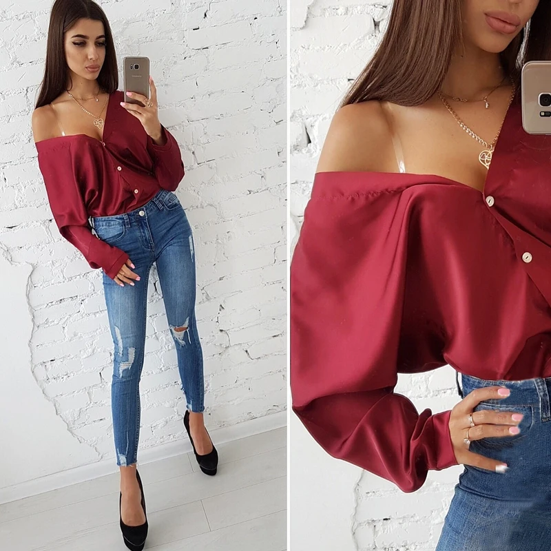 Autumn Top 2019 Fashion Solid Sexy Deep V-neck Off Shoulder Long Sleeved Blouse Women Casual Button Loose Bat Sleeve Party Shirt | Женская