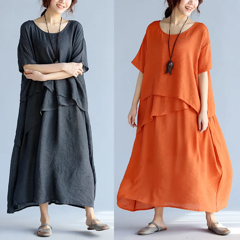 

Korean version of the large size women's summer new fashion irregular dress loose thin cotton and linen dress