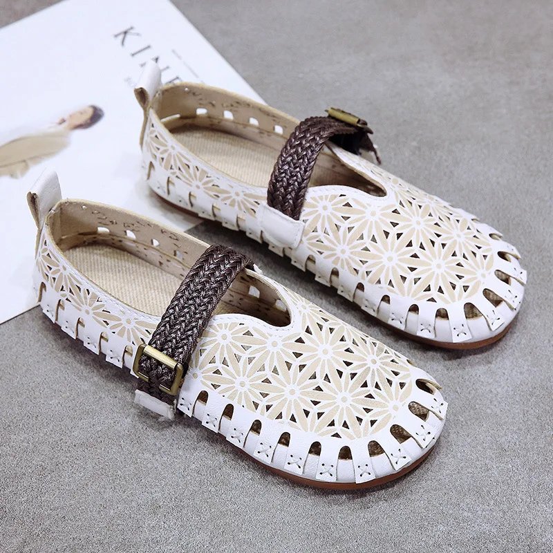 Повседневная обувь Женские босоножки Летние кожаные женские туфли на плоской