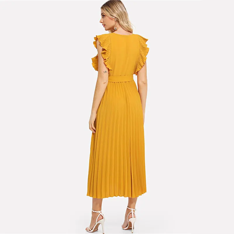 SHEIN Плиссированное Платье С Оборками И Поясом Женское Летнее Элегантное Платье С Высокой Талией И V-Образным Вырезом