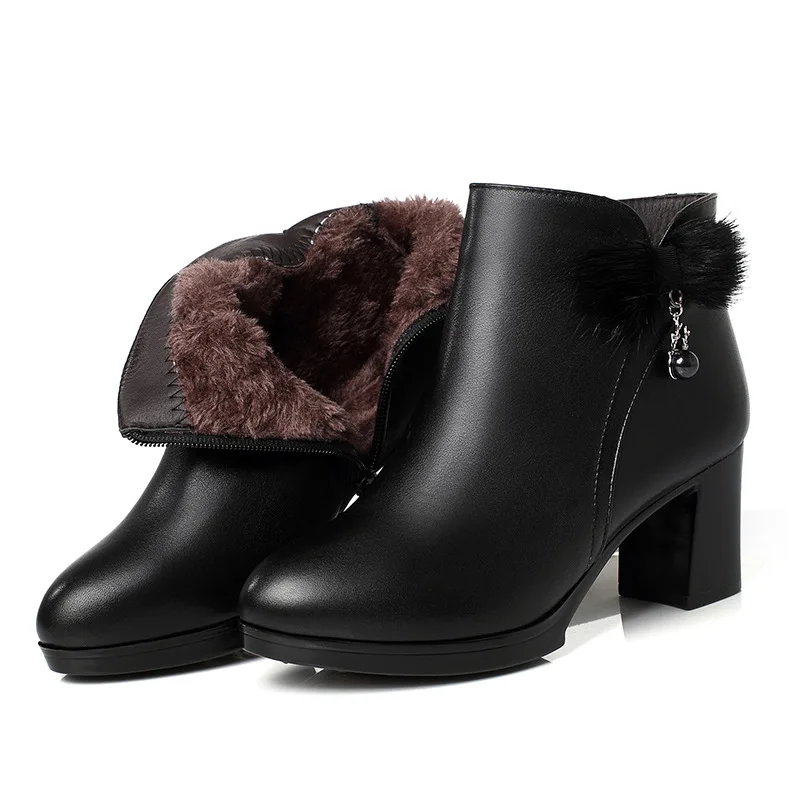 Женские зимние ботинки из воловьей кожи на высоком каблуке со стразами мехом
