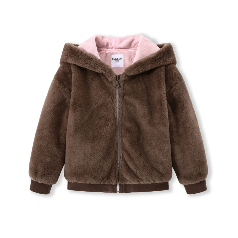 Balabala Toddler Girl Critter Rabbit Fur Hooded Jacket Silky Polyester with Ribbed Cuff and Hem Kids Zip Lined Hood | Детская одежда и