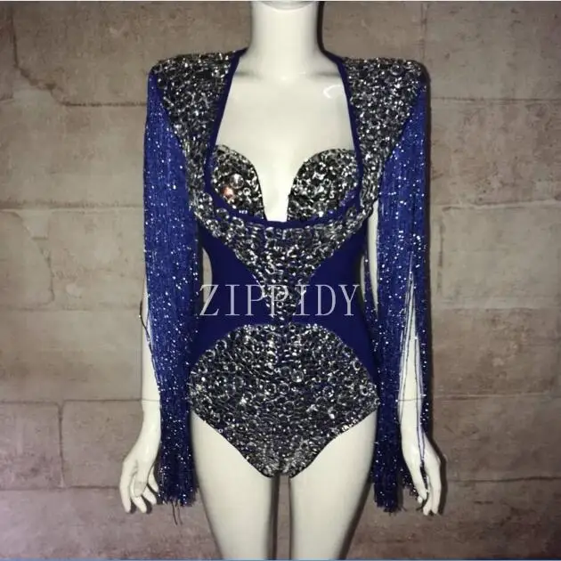 

Blue Tassel Glisten Crystals Bodysuit Women Outfit Female Singer Bar Nightclub Dance Wear Big Stones Costume Performance Clothes