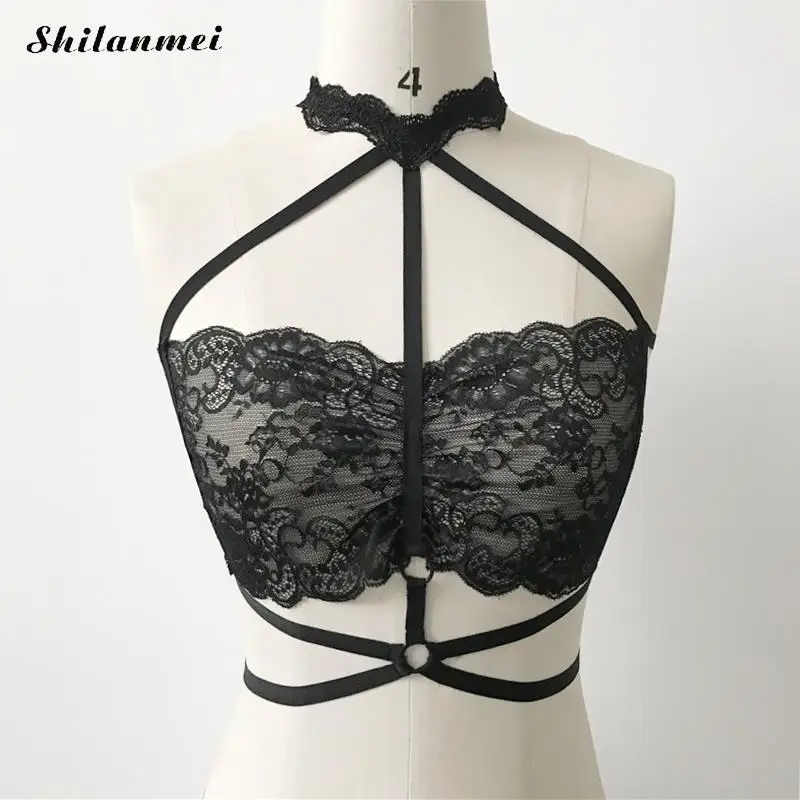 2018 Sexy Harness Black Lace Halter Bra Top Women Lingerie Floral Strap Hollow out Wireless Bralette Push up Intimates | Женская одежда