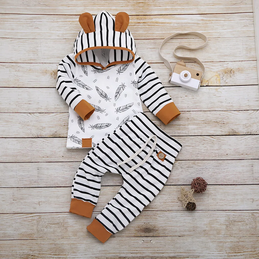 

boys clothes Newborn Baby Girl Boy Hooded T shirt Tops Feather Striped Pants Clothes Set roupa infantil minnie modis hot #06
