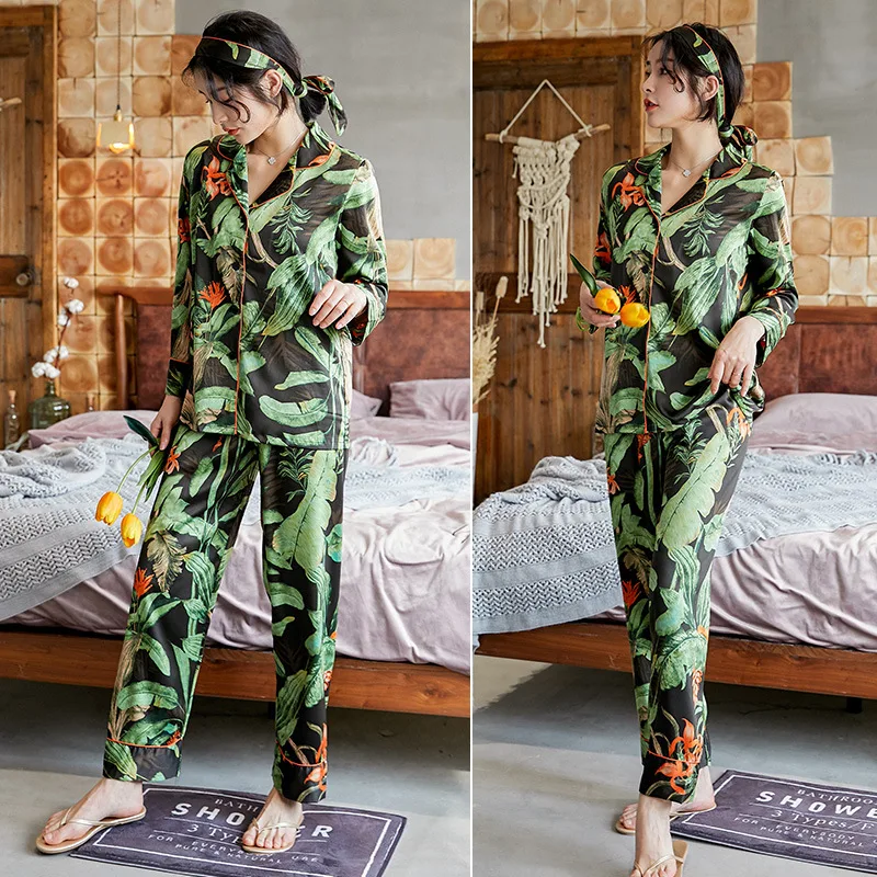Printed Leaf Pajama Set Green Silk Stain Pijama Set Pants Set Lingerie Kimono Underwear Pyjamas Women Pajamas Sexy Lingerie