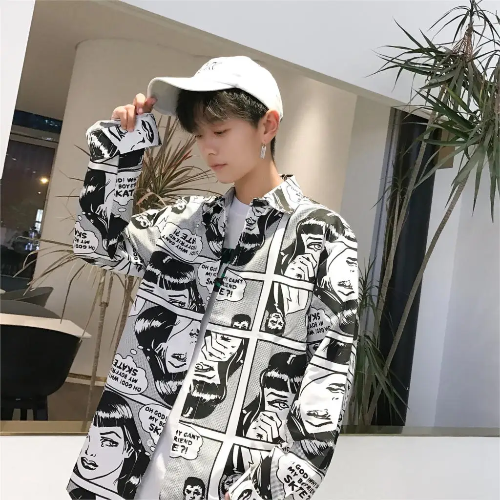 as photo Летние новые ins уличные мужские Harajuku стиль японские комиксы рубашка с длинными рукавами мужские и женские свободные рубашки - Цвет: as photo