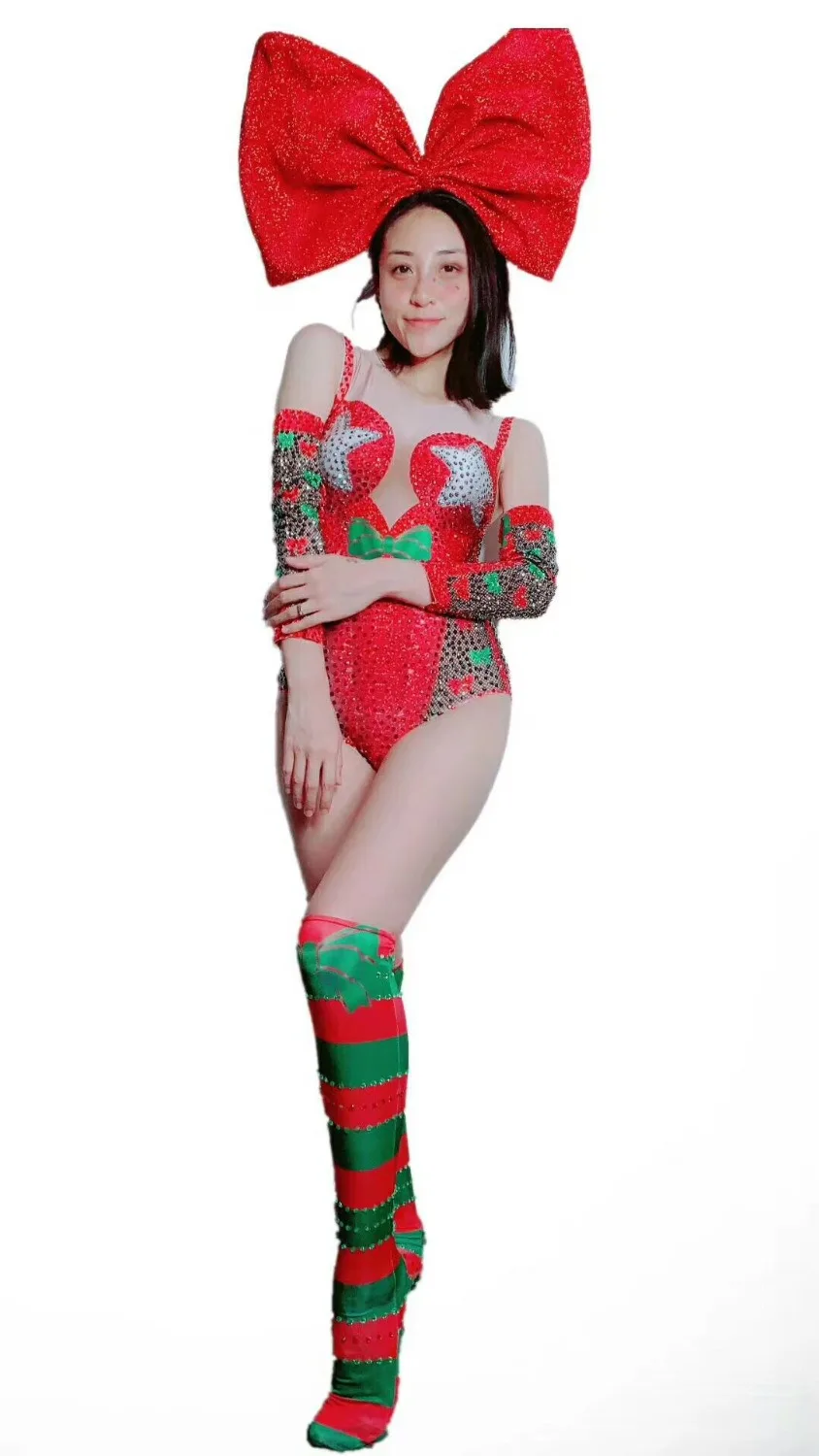 Women New Christmas Costume Red Sexy Bodysuit 3D Printed Shiny Rhinestones Outfit Show Bodysuit Group Performance Outfit S