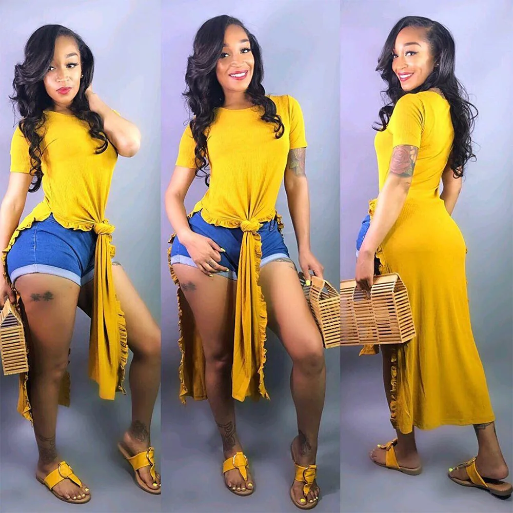 

Elegant Yellow Black 2 Colors Short Corset O-Neck String Selvedge Slim Split Long Top Sexy Ladies Blouse Tees