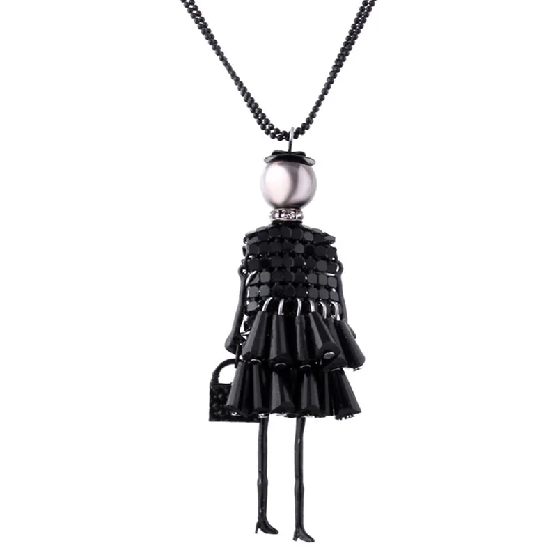Handmade Dress Crystal Piece Sequins Girl Black Doll Pendants Long Necklace Sweater Chain 1 Pc | Украшения и аксессуары