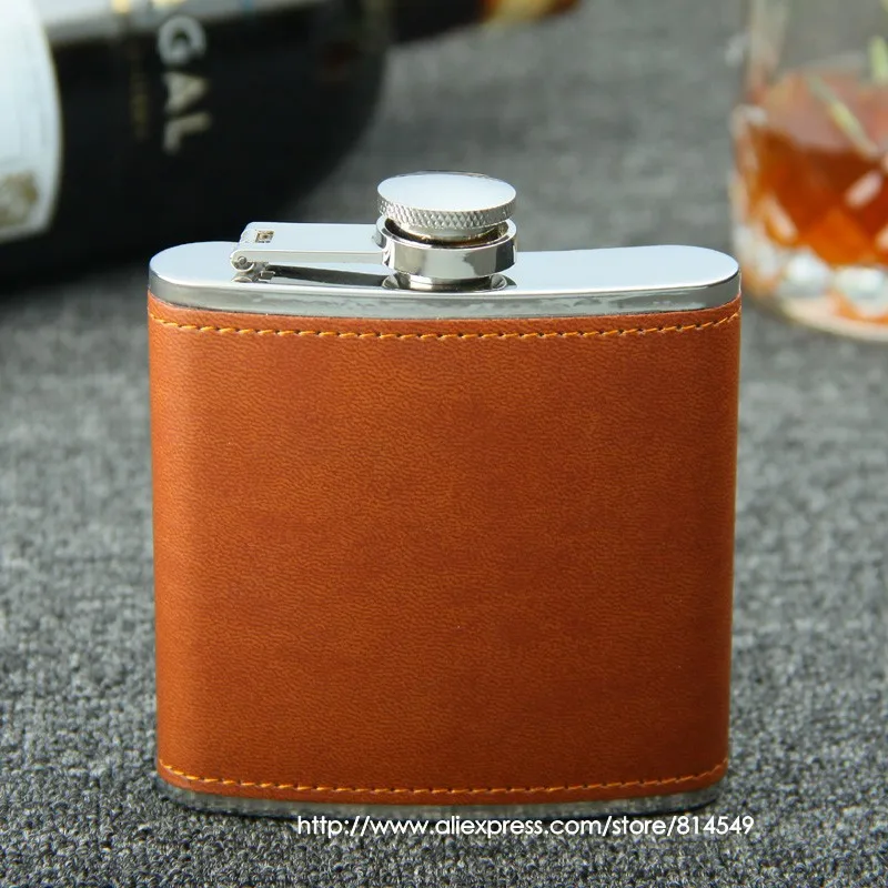 Плоская фляжка из коричневой кожи 6 унций|hip cap|hip flask holderflask thermos |