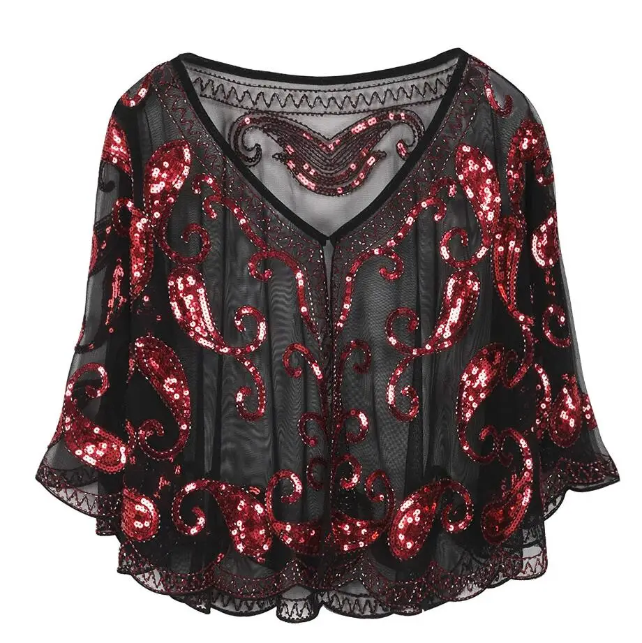 Black Red JaneVini Blingbling расшитый блестками женский плащ вышитая бисером Свадебная кофта Болеро шаль черные Серебряные Блестки вечерние свадебные куртки палантин - Цвет: Black Red