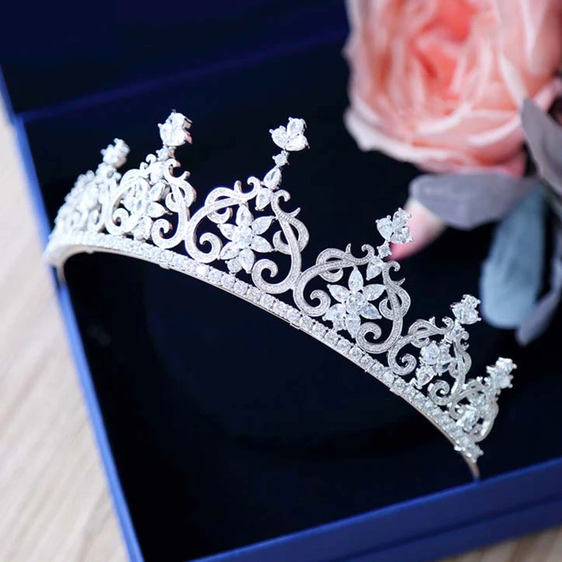 New Fashion Cubic Zirconia Tiara Crown Marquise-Cut Zircon Flower Headband Jewelry Wedding Bride Headdress Queen Headpiece Gifts | Украшения