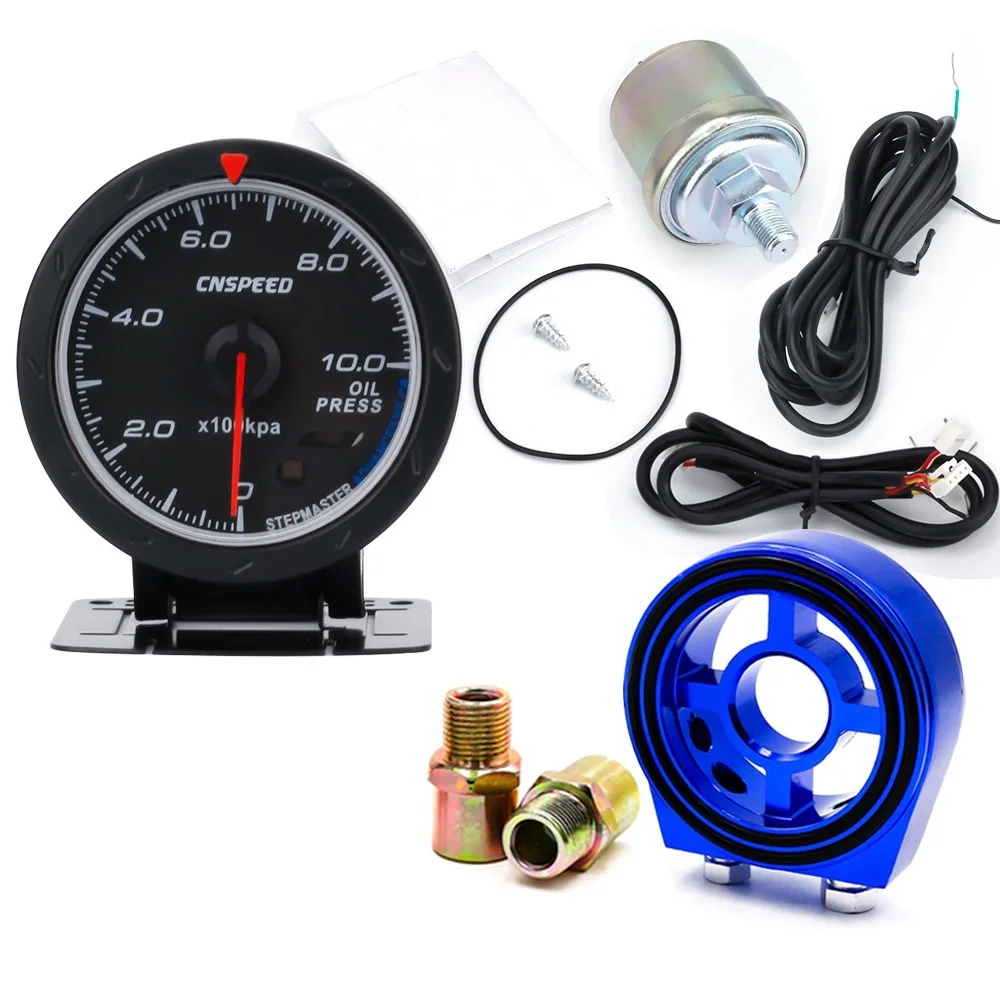 CNSPEED 60 мм Автомобильный 12 В Масляный Пресс ure Gauge 0-10 бар Масляный Пресс метр с датчиком красный и белый светильник с масляным фильтром сэндвич-адаптер - Цвет: blue Adapter