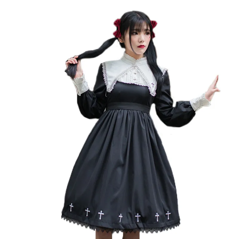 

Punk Gothic Lolita Dress Girl Darkness Black Women Monasticism Vintage Full Sleeve Nun Cross Embroidery Halloween Cos Dresses