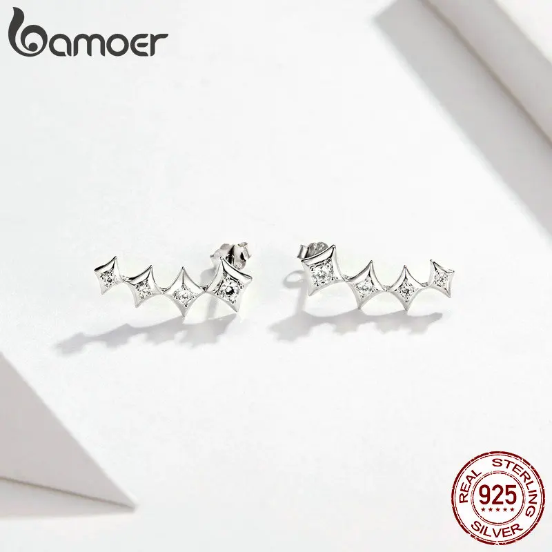 Bamoer, длинные серьги-гвоздики со звездами, Стерлинговое Серебро, 925, женские свадебные массивные ювелирные изделия, сверкающие CZ серьги-гвоздики для помолвки, BSE146