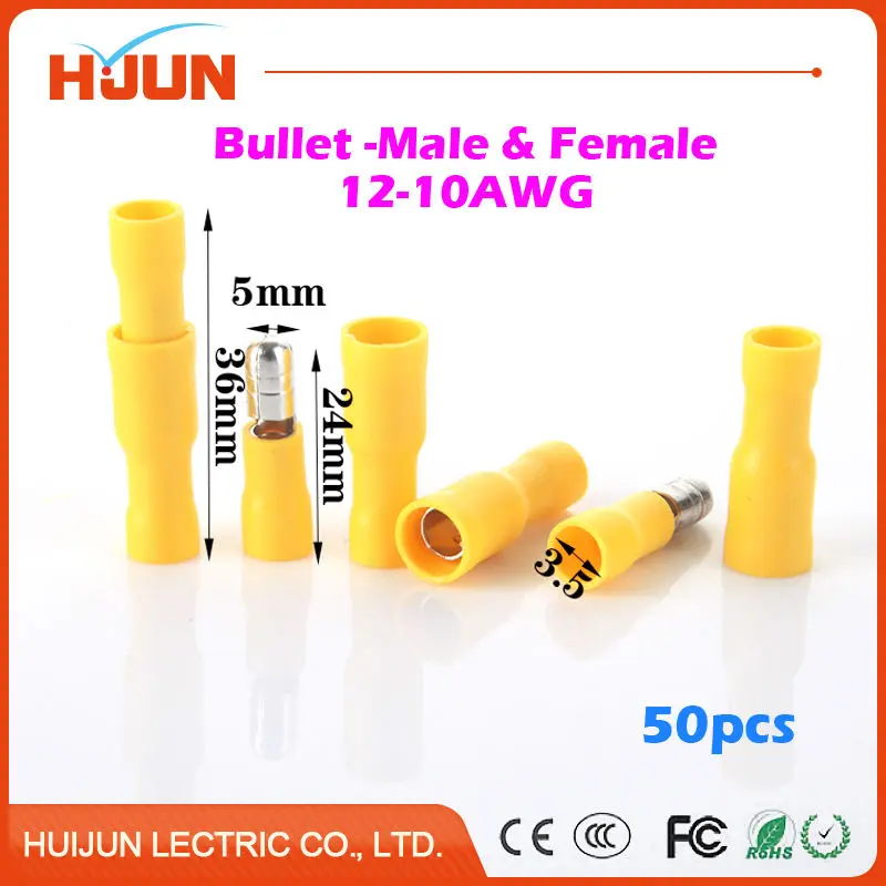 

50pcs/lot Bullet-Male & Bullet-Female Quick Disconnect Cable Wire Splice Insulation Terminal Connector 4-6mm2 12-10AWG 24A