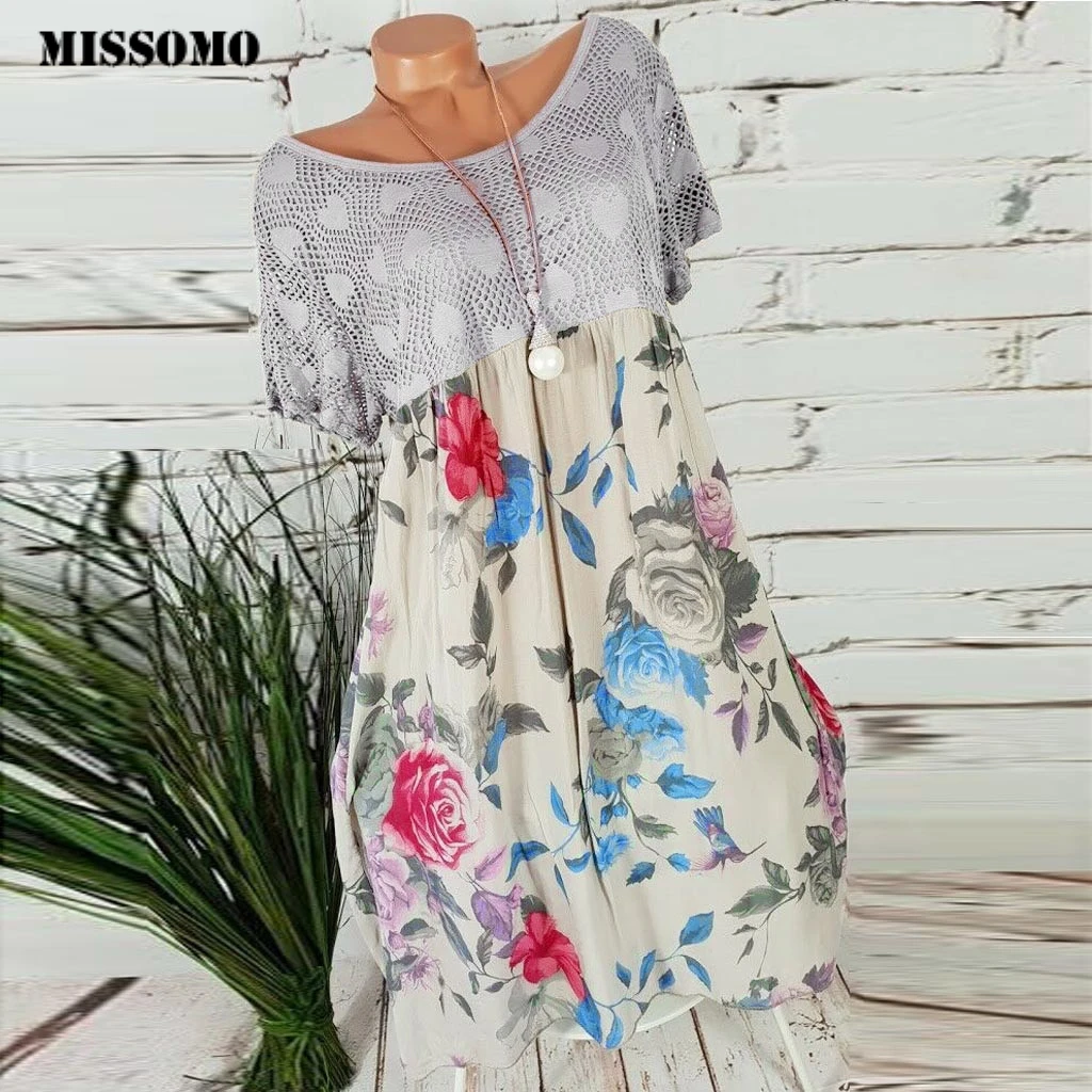 MISSOMO Vintage 5XL Dress Women Casual Floral Print Hollow out Short Sleeve summer Patchwork plus size boho vestidos 71 | Женская одежда