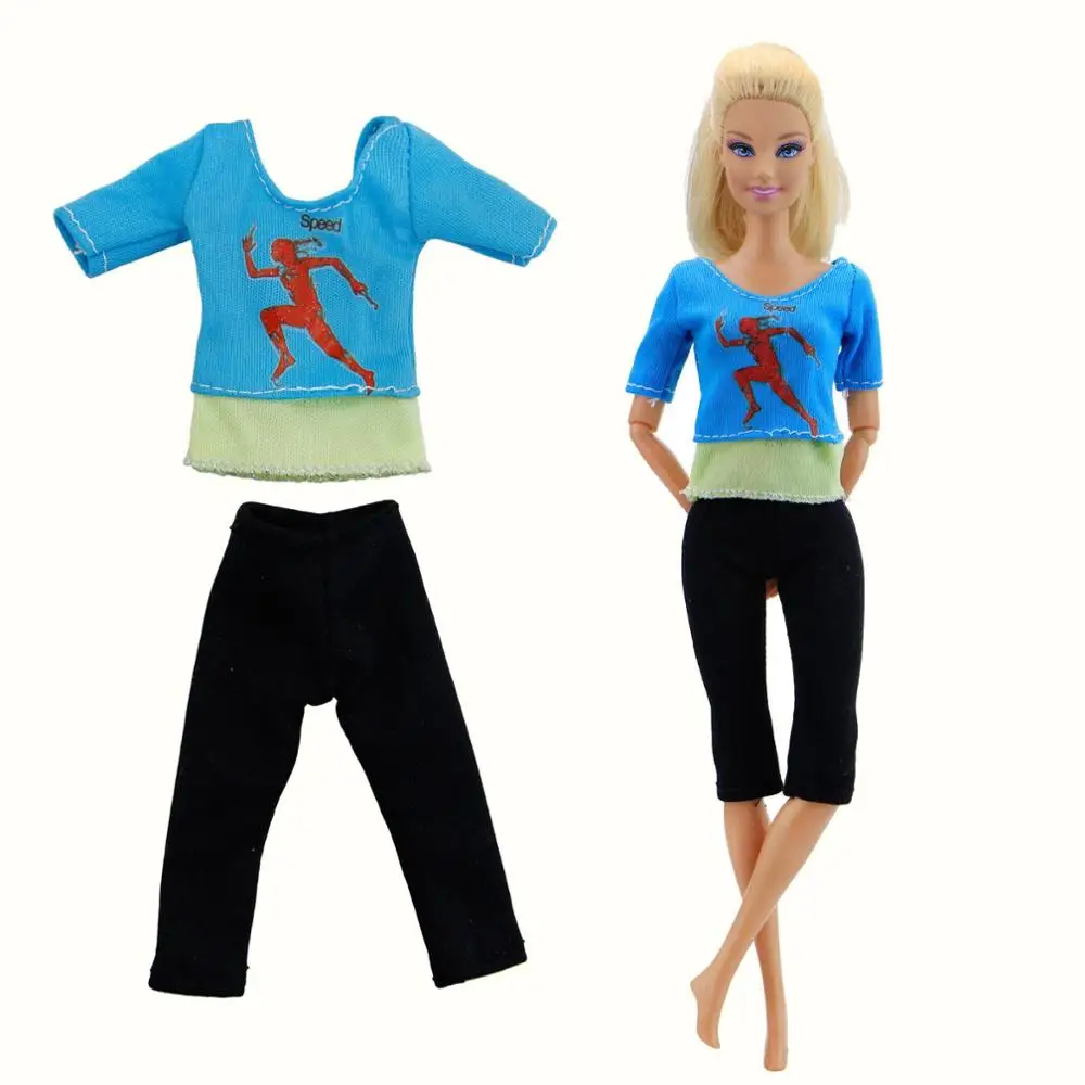 Blue top set Спортивная одежда ручной работы, одежда для йоги, танцев, гимнастической формы, топ, футболка+ штаны-капри, леггинсы, костюм, аксессуары, Одежда для куклы Барби - Цвет: Blue top set