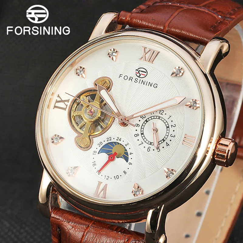 

FORSINING Genuine Brand Moon Phase Automatic Watch Men Tourbillon Mechanical Business Watches Male Rhinestones Hours Dress Clock