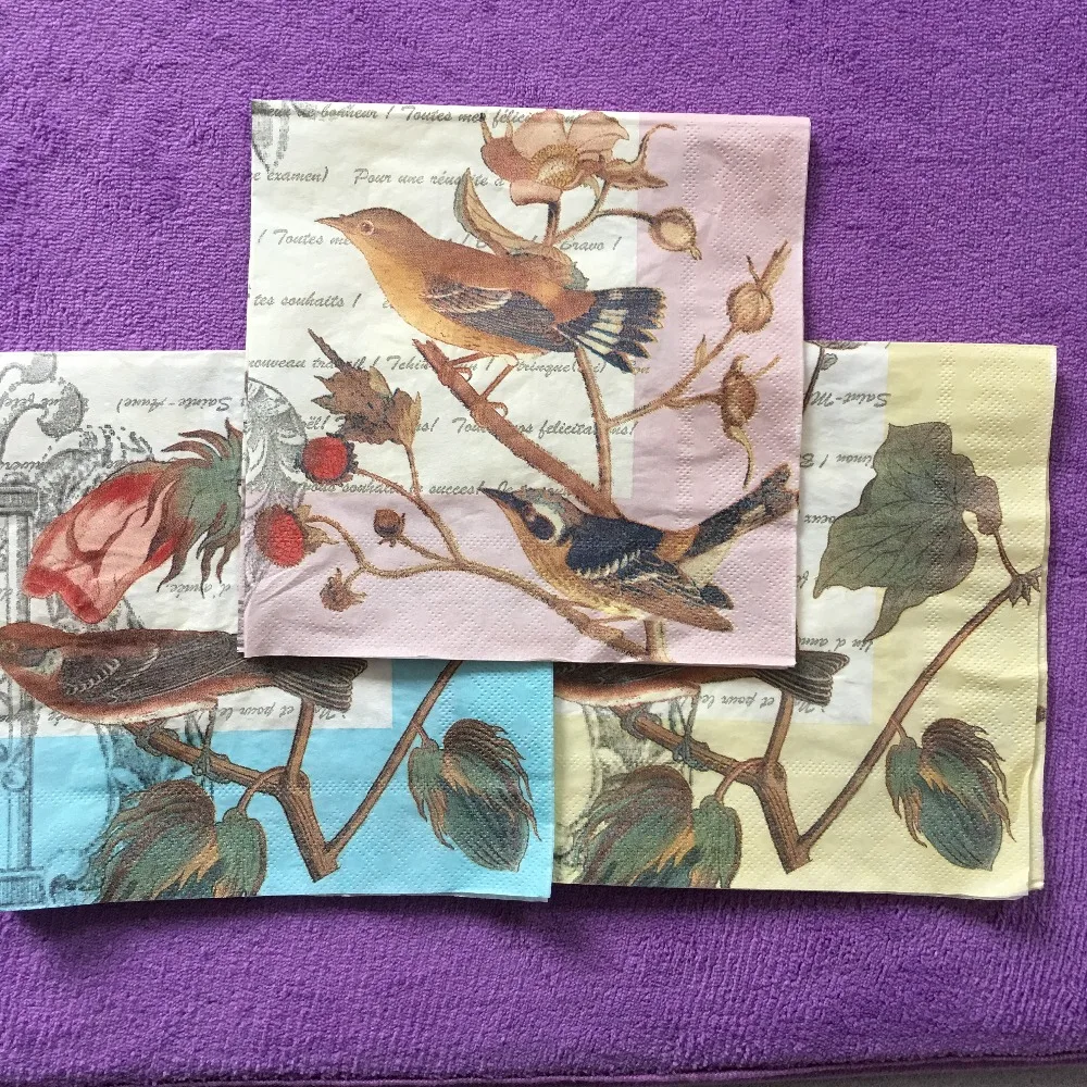 20 винтажных бумажных салфеток салфетки синие розовые желтые с принтом птиц