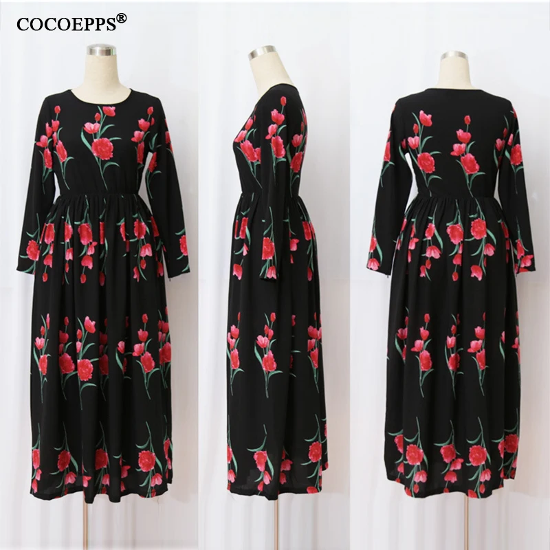 

6xl 2019 New Women Floral Print Plus Size Dress Boho Style sexy Long clothing Large size 4XL 5XL O-neck Full Sleeve Maxi Dress