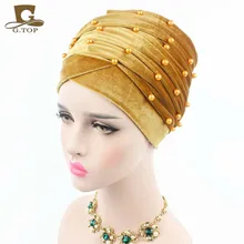 Turbante de terciopelo de lujo para mujer, diadema con cuentas y tachuelas perlado, turbante de terciopelo Extra largo, pañuelo para la cabeza, Hijab (2)