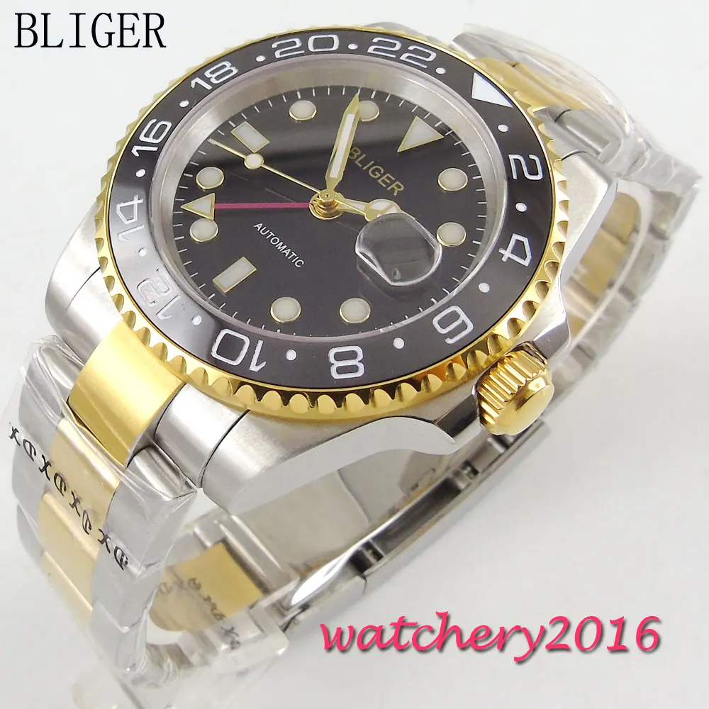 NEW 40mm Bliger Sapphire glass black dial Deployment Bracelet Date GMT Automatic self wind Movement Men's Mechanical Wristwatch |